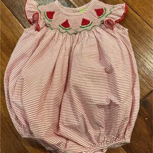Classic Whimsy Striped Baby Bubble with Watermelon smocking 12-18 months